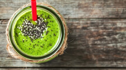 A vibrant green smoothie in a jar topped with chia seeds, placed on a rustic wooden surface, with a red straw adding a pop of color.