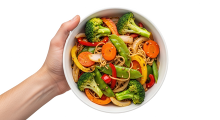 Delicious vegetable stir fry noodles recipe in a bowl held by hand healthy food photography on transparent background