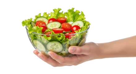 Fresh salad bowl held in hand healthy eating concept with lettuce cucumber and tomato for weight loss diet on transparent background
