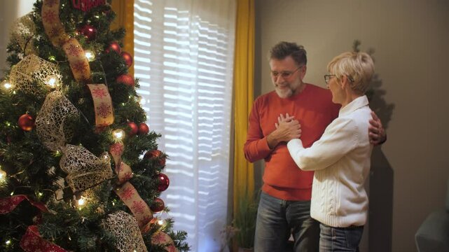Elderly couple dancing near decorated christmas tree - Powered by Adobe