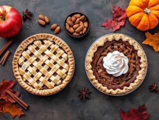 Two delicious pies, apple and pumpkin, surrounded by seasonal decorations like apples, almonds, and autumn leaves, evoke a cozy fall atmosphere.