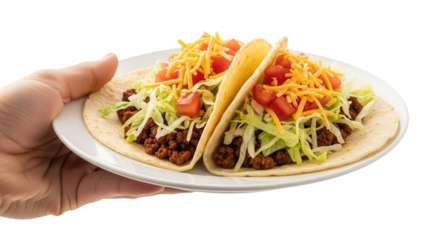Delicious tacos on plate held by hand perfect for mexican food taco tuesday or cinco de mayo celebration on transparent background