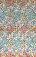 Abstract 3D rendering of a symmetrical pattern featuring a kaleidoscope of geometric shapes and colors