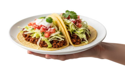 Delicious tacos on a plate being held by a hand ready to eat for lunch or dinner today now yum yum on transparent background
