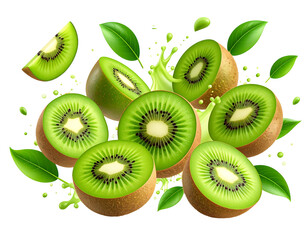 Fresh kiwi fruit halves and slices burst with juice, creating a vibrant and refreshing display.