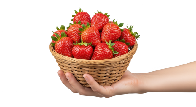 Fresh strawberries in basket held by hand delicious red berries summer fruit healthy food sweet treat 100 character on transparent background