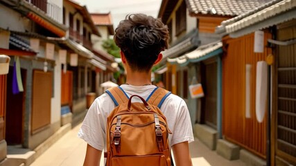 Backpacker in Historic District: A youthful backpacker explores a charming district with historic architecture, the narrow streets filled with sunlight.