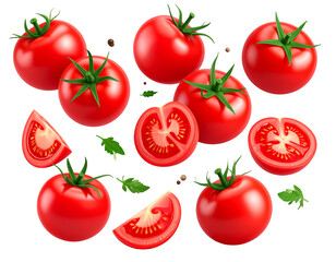 Fresh red tomatoes are artistically arranged with cut slices and green leaves against a dark