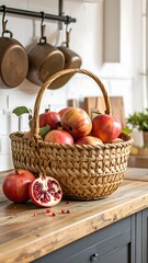 A woven basket brimming with ripe apples and pomegranates sits on a rustic wooden countertop in a bright, airy kitchen.