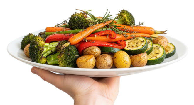 Delicious roasted vegetables recipe healthy eating plate with broccoli carrots and zucchini dish idea on transparent background - Powered by Adobe