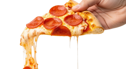 Delicious pepperoni pizza slice being held with dripping cheese for food blog and social media posts on transparent background