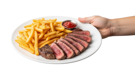 Delicious steak and fries plate perfect for lunch or dinner with ketchup on a white plate held by hand on transparent background