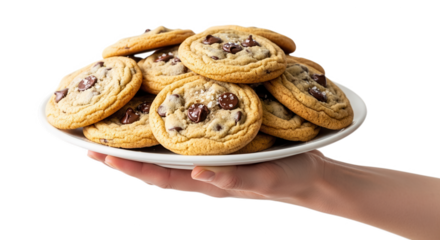 Freshly baked chocolate chip cookies on a plate held by a hand for dessert or snack photography on transparent background