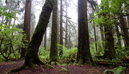 Fototapeta premium Misty Forest with Tall Trees and Lush Greenery.