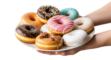 Delicious assorted donuts on plate held by hands perfect for bakery shop or cafe social media post image on transparent background
