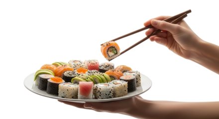 Delicious sushi rolls platter being served with chopsticks asian cuisine japanese food photography on transparent background
