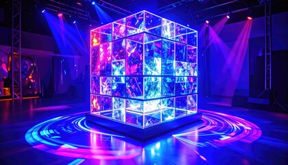 Spinning Hologram Cube Grid on Dark Stage