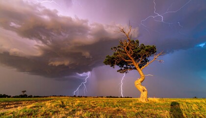 Solitary Twisted Tree Under a Dramatic Lightning Storm