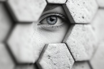 monochrome conceptual portrait of a face partially revealed through interlocking hexagonal tiles instead of puzzle pieces