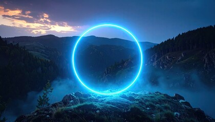 Floating Neon Ring Portal Over Misty Landscape