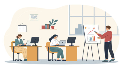 Dynamic office scene with colleagues collaborating. A presenter explains growth on a whiteboard while others work on laptops, depicting teamwork and productivity.