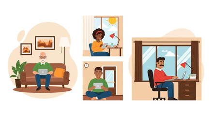 Diverse people of different ages and ethnicities using laptops and tablets at home, illustrating remote work, online learning, or digital lifestyle in various comfortable settings.