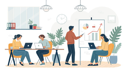 Business team collaborating in a modern office, analyzing data and discussing growth during a presentation. Ideal for concepts of teamwork, strategy, and corporate success.