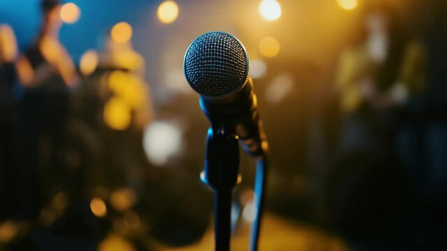 Illuminated mic on stand against dark background, with people performing behind
