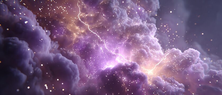 storm-cloud silhouette where lightning cracks bloom into a purple galaxy, volumetric smoke and glittering particles, ultra-detailed, cinematic lighting, 4K, photorealistic