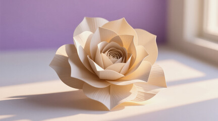A meticulously crafted origami rose sits on a white surface with sunlight streaming through a window in the background.