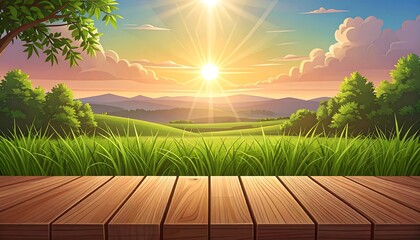 Peaceful landscape at sunset with wooden table