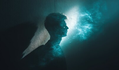 Silhouette of a man bathed in teal light