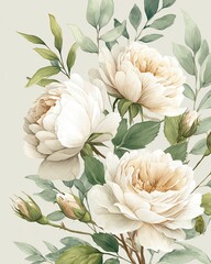cream garden roses intertwined with olive branches and willow leaves, fine nib linework, gentle watercolor bloom, neutral mist-gray background, tasteful wall art