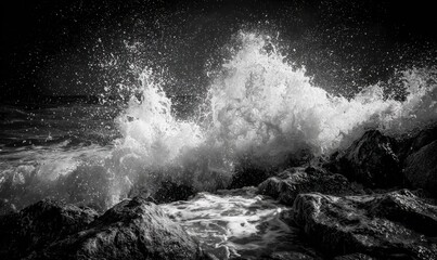 Powerful waves crashing on rocks at night