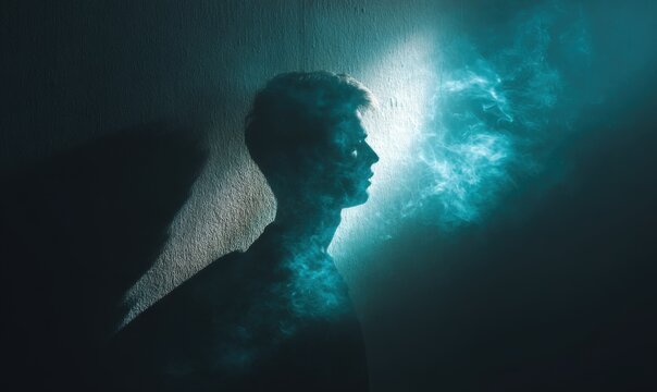 Silhouette of a man bathed in teal light