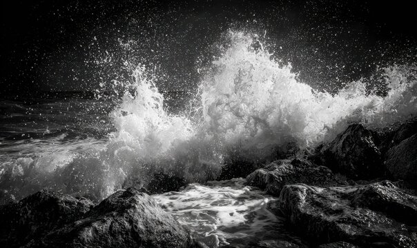 Powerful waves crashing on rocks at night - Powered by Adobe
