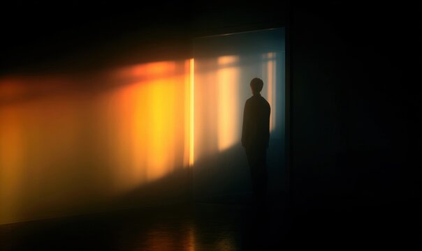 Silhouette of a person in a dimly lit hallway