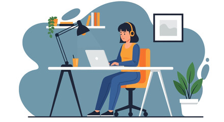 Focused young woman working remotely on laptop with headphones at a modern desk, embodying productivity and online learning.