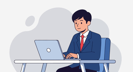 Professional businessman working diligently on his laptop at a desk, representing productivity, online work, and modern technology in an office setting.