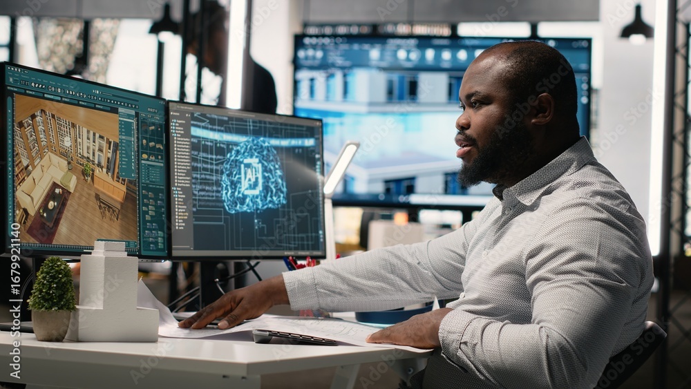 Wall mural black developer uses ai systems for housing and commercial property development, featuring automatio