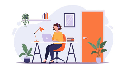 Focused woman working from home on her laptop with headphones, creating a productive remote workspace. Perfect for business, education, and modern lifestyle themes.