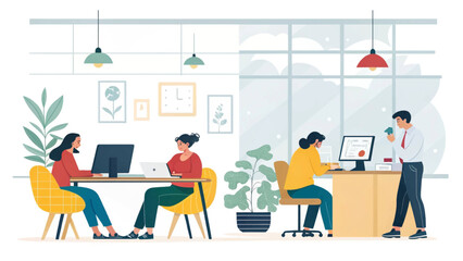 Professionals collaborating in a modern, brightly lit office environment. Illustrates productivity, teamwork, and a contemporary workspace.