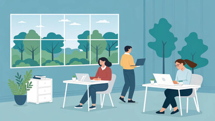 Team members collaborate efficiently in a modern, light-filled office space, focused on their tasks. Perfect for business, tech, and productivity concepts.