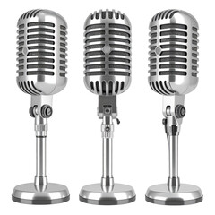 Fototapeta premium Three silver microphones standing on stands against a black background, for podcasting or recording