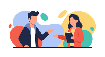 Two diverse professionals engage in a focused business meeting or interview, highlighting communication, collaboration, and consultation.