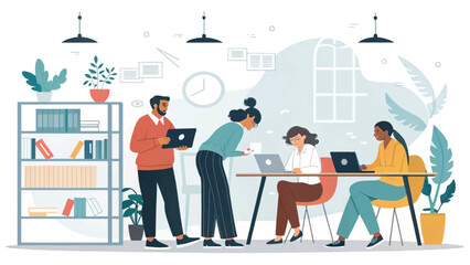 Diverse team of professionals collaborating in a modern, bright office. This illustration represents business productivity, teamwork, and innovation.