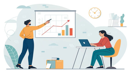 Professionals analyzing data and collaborating in a modern office. Man presents growth chart while woman works on laptop, symbolizing teamwork and business success.
