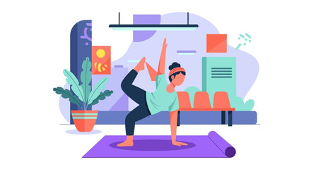 Woman practicing yoga indoors in a balancing pose, promoting health, wellness, and mindful lifestyle. Ideal for fitness and self-care concepts.