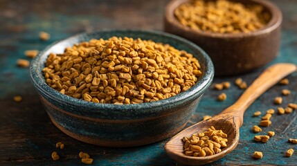 preserved fenugreek grains with utensils in dish
