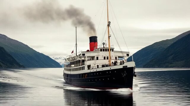 Vintage Steam Ship Navigating a Serene Coastal Fjord Landscape